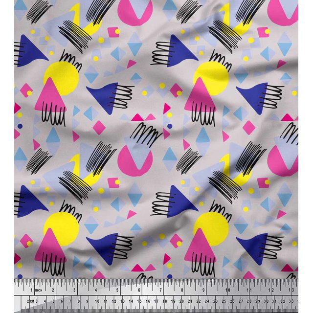 Soimoi Gray Moss Georgette Fabric Circle & Triangle Geometric Print Fabric by the Yard 42 Inch Wide