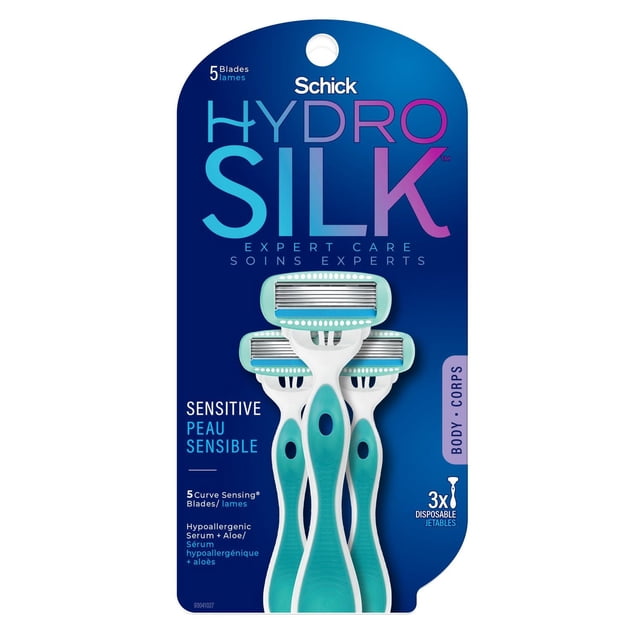 Schick Hydro Silk Disposable Women’s Razors pack containing three white and teal razors with five curve-sensing blades and water-activated moisturizing serum with aloe, designed for sensitive skin to hydrate and reduce irritation, suitable for smooth body shaving.
