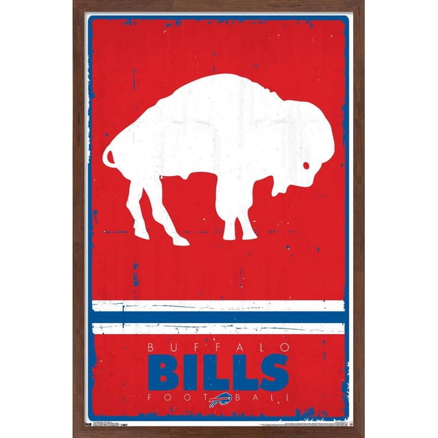 NFL Buffalo Bills - Affiche Murale Logo Rétro 15, 22,375 Po x 34 Po Mettant en Vedette une silhouette de Bison Blanc sur un Fond Rouge Vieilli avec des Rayures Bleues et Blanches en Dessous, et un Texte Bleu Lisant « Buffalo Bills FOOTBALL » avec le Logo de Bison en Chargement de l'Équipe, Encadrée en Bois, Idéale pour une Déco Murale à Thème Sportif dans les Maisons Ou les Bureaux.