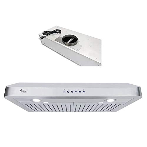 Awoco RH-C06-30 Classic 6" High 1mm Thick Stainless Steel Under Cabinet 4 Speeds 900CFM Range Hood with 2 LED Lights, 6" Round Top Vent - 30" Width