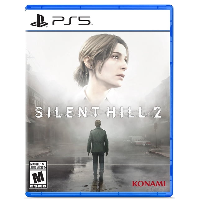 Silent Hill 2 PlayStation 5 Couverture de Jeu Montrant un Homme en Veste Verte Debout sur une Rue Imprégnée de Pluie, Enveloppée d'Un Épais Brouillard avec un Arrière-Plan de Ville Flou, Présentant le Titre en Lettres Blanches Usées et le logo Konami en Rouge.