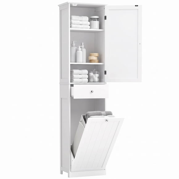 HOMCOM Bathroom Storage Cabinet, Bathroom Cabinet w/ Laundry Basket, White