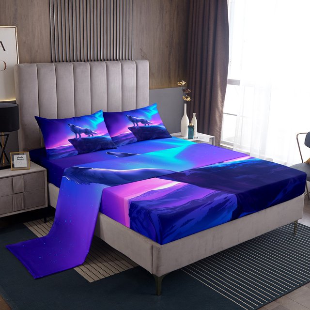 Wolf Kids Twin Size Bed Sheets Set,Nebula Galaxy Sheet Set Western Wolves Sheets Mountain Magical Animals Bed Set,Purple Blue