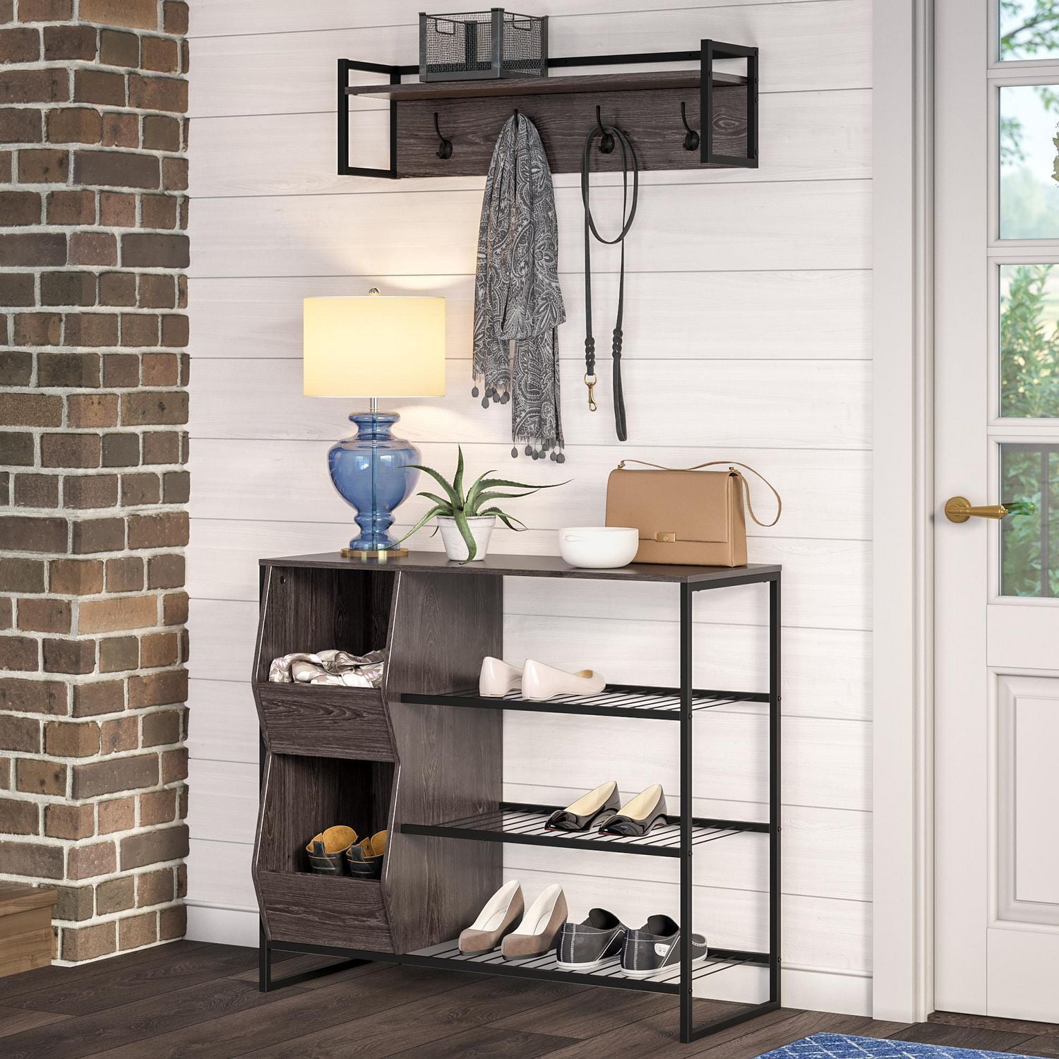 RiverRidge® Home Afton Collection 8.88-inch H x 31.63-inch W x 7.88-inch D Metal Frame Wall Shelf with 4-Hooks in Weathered Wood