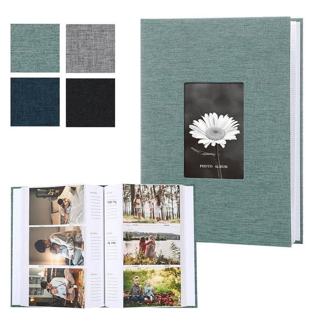 Czzoypi 4x6 300 Pockets with Writing Space, 4x6 Photo Album Fabric Cover with Front Window, Photo Album Book for Family Memories in green. The album features a linen fabric cover with a customizable front window for displaying a photo. It includes 50 pages with clear, PVC-free inner sleeves that hold up to 300 4x6-inch photos, six per page. Each photo slot has a corresponding memo space for writing notes. The open album shows photos and memo spaces, highlighting its functionality.