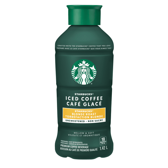Starbucks Iced Coffee Light Roast Blonde 1.42 L bottle in dark green featuring the Starbucks siren logo, labeled as unsweetened premium coffee beverage made with 100% arabica beans, delivering a mellow and soft flavor with 10 calories per 375 ml serving, suitable for refreshing iced coffee enjoyment.