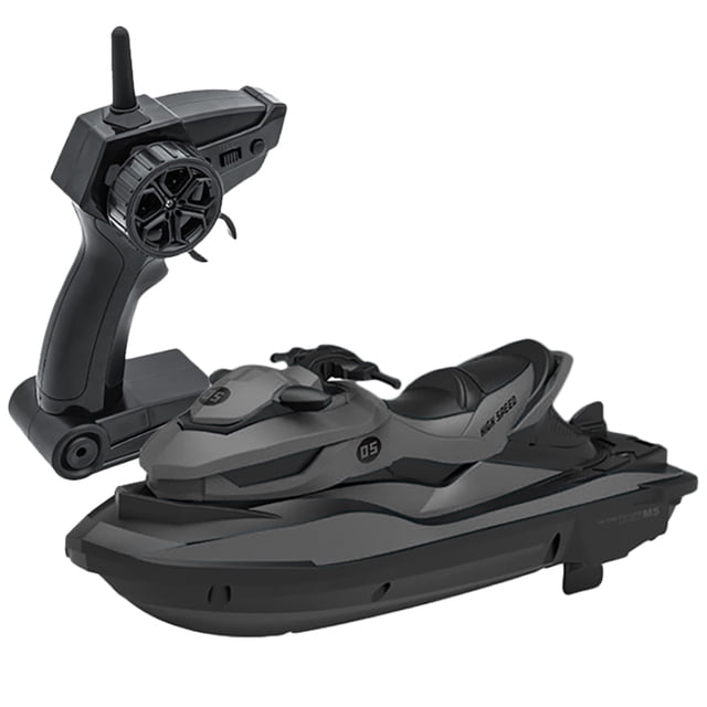 RC Boat Remote Control 2.4G High Speed Racing Boat Pool Toy for Adults Kids in grey color. The compact plastic boat measures 23.5 x 9 x 9.5 cm and features a sleek design with a built-in 3.7V 650mAh rechargeable battery. Includes a remote control, spare propellers, charging line, bolt driver, and manual. Suitable for forward, backward, left, and right navigation with a speed of 10km/h, waterproof functionality, low battery display, and a remote control range of 50m.