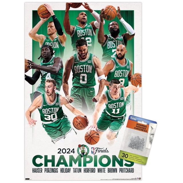 NBA Celtics de Boston - Affiche Murale des Finales 2024 de la NBA, 22,375 Pouces x 34 Pouces Encadrée, Mettant en Vedette Sept Joueurs en Vert, Chandails Celtics de Boston avec Bordure Blanche dans des poses Dynamiques de basketball sur Fond Dégradé Vert. l'Affiche Comprend le Texte « 2024 Champions » avec le logo des Finales de la NBA et les Noms des Joueurs Hauser, Porzingis, Holiday, Tatum, Horford, Blanc, Brun et Pritchard