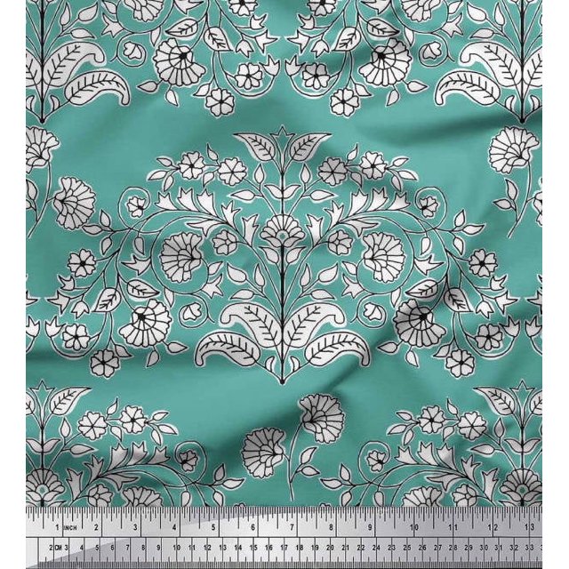 Soimoi Polyester Crepe Fabric Leaves & Floral Block Decor Fabric Printed Yard 52 Inch Wide