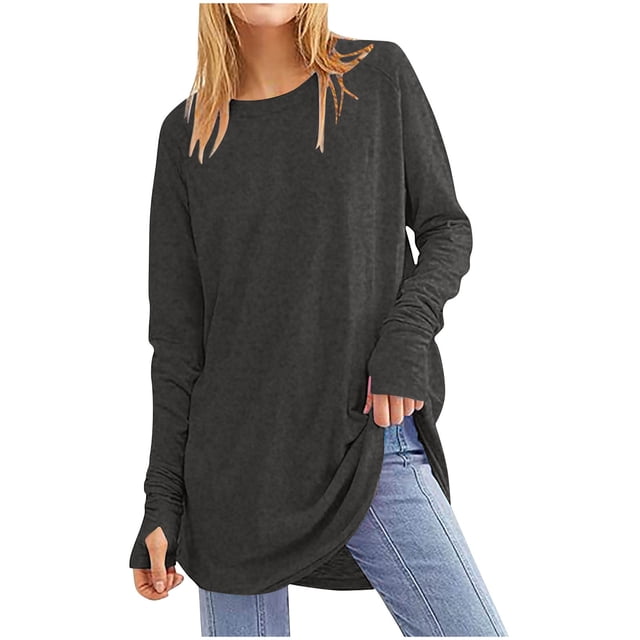 Besolor Tuniques pour Femmes à Porter avec des Leggings, Col Ras du Cou, Ourlet Arrondi, Manches Longues, Chandails avec Trou pour le Pouce, Tenues d'Automne