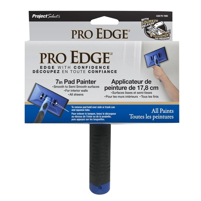 7in Pad Painter by Project Select with squeeze release, designed for smooth to semi-smooth interior walls and all paint sheens, featuring a blue rectangular pad and black textured handle, shown in bilingual English and French packaging.