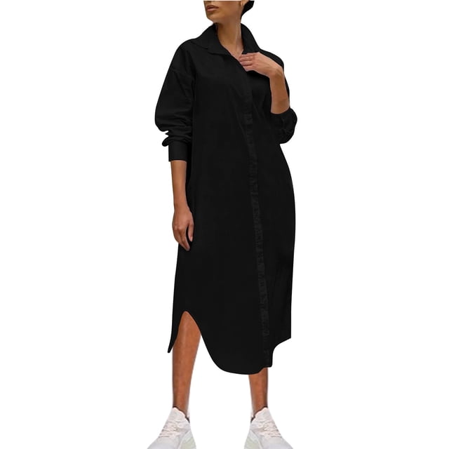 FcBaudy Robe à Manches Longues à Col Rabattu Longueur Cheville, Robes pour Femmes, Robes de Printemps pour Femmes Mode Féminine Col Rabattu Ample Coton Lin Manches Longues Ajustée Taille Haute Robe Femme Robe