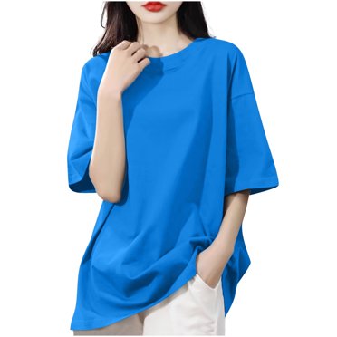 T-Shirts Surdimensionnés en Coton pour Femmes à Épaules Tombantes, Manches Courtes, Col Rond, Coupe Ample, Chandail d'Été Bleu, G