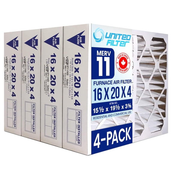 16x20x4 MERV 11 Furnace Air Filters (Actual Size 15-1/2 x 19-1/2 x 3-5/8) Clean, Healthy Air - Efficient, Home Climate Control HVAC Filters - Made in Canada - Case of 4