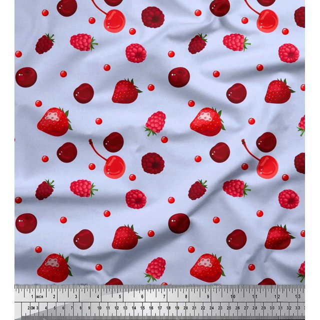 Soimoi Cotton Voile Fabric Raspberry,Strawberry & Cherry Fruits Print Sewing Fabric Yard 42 Inch Wide