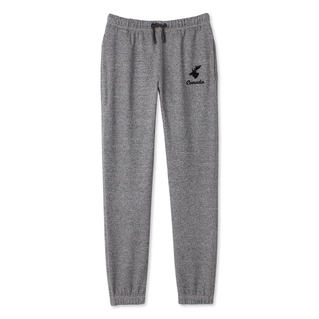 Canadiana Kids' Gender Inclusive Fleece Jogger in grey with elasticized waistband and drawstring, two on-seam pockets, slim legs, elasticized cuffs, and a black moose graphic print with the word Canada on the left thigh, made from a soft cotton-rich fleece blend, ideal for play or casual wear.