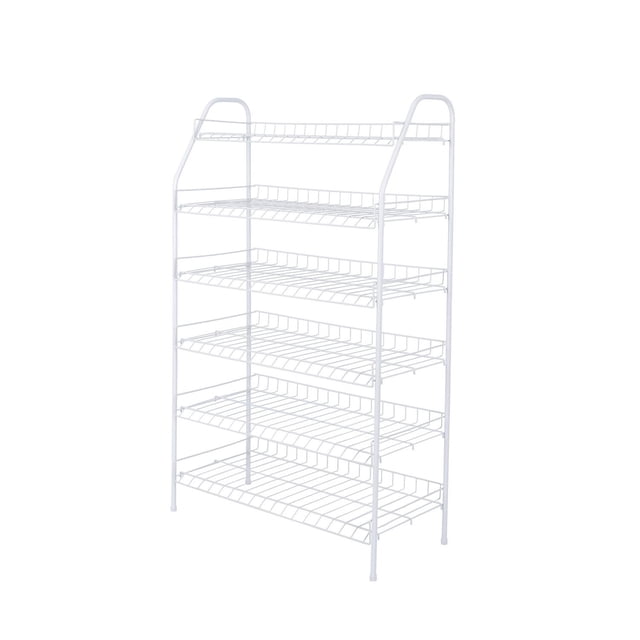 Mainstays 6 Tier White Metal Shoe Rack and Accessories Storage with six white epoxy-coated wire shelves, measuring 25.7 inches wide by 42 inches high, designed for organizing shoes, folded clothes, and accessories in closets or entryways.