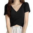 thumbnail image 1 of Timegard Crop Tops for Women V Neck Short Sleeve Irregularly Solid Color Casual Fitting Tee Fashion, 1 of 3