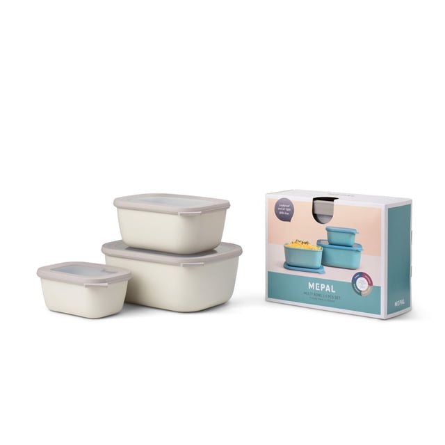 CIRQULA Ensemble de Bols 3 Pcs Rectangulaires avec Trois Contenants Rectangulaires Beiges pour Aliments de Tailles 750 ml, 1500 ml et 3000 ml, avec Couvercles Transparents Hermétiques, Empilés à Côté de la Boîte de Produit Affichant des Bols Bleus, Idéal pour Entreposer, Congélation et Réchauffage des Aliments Tout en Gardant le Contenu visible et Frais.