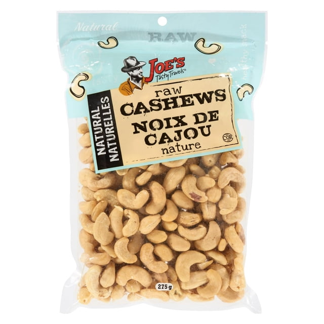 Raw Cashews in a 275g clear resealable bag by Joe's Tasty Travels, containing natural, all-raw cashews with no added ingredients, labeled in English and French as 'raw cashews' and 'noix de cajou nature', suitable for healthy snacking.