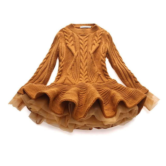 EGNMCR Robe Sans Manches à Col Rond Tout-Petits Enfants Bébés Filles Chandail Tricoté Robe d'Hiver au Crochet avec Tulle Chandail Robe Fille