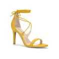 thumbnail image 1 of BLISSFUL STEP Chaussures pour Femmes Sandales à Talon Aiguille Haut à Bride Cheville à Nouer Bout Ouvert en Faux Suède Jaune 7, 1 of 8