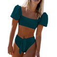 thumbnail image 1 of Womens Cute Solid Bubble Sleeves High Waisted Two Piece Bikini Swimsuit,Green,L, 1 of 4