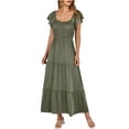 thumbnail image 1 of Penkiiy Robe Maxi d'Été Décontractée pour Femme à Manches Courtes, Col en V, Taille Smockée Élastique, à Volants, Ligne A, avec Poches, m Vert Armée, 1 of 6