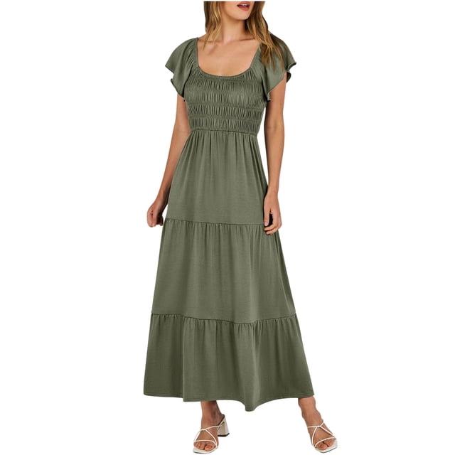 Penkiiy Robe Maxi d'Été Décontractée pour Femme à Manches Courtes, Col en V, Taille Smockée Élastique, à Volants, Ligne A, avec Poches, m Vert Armée