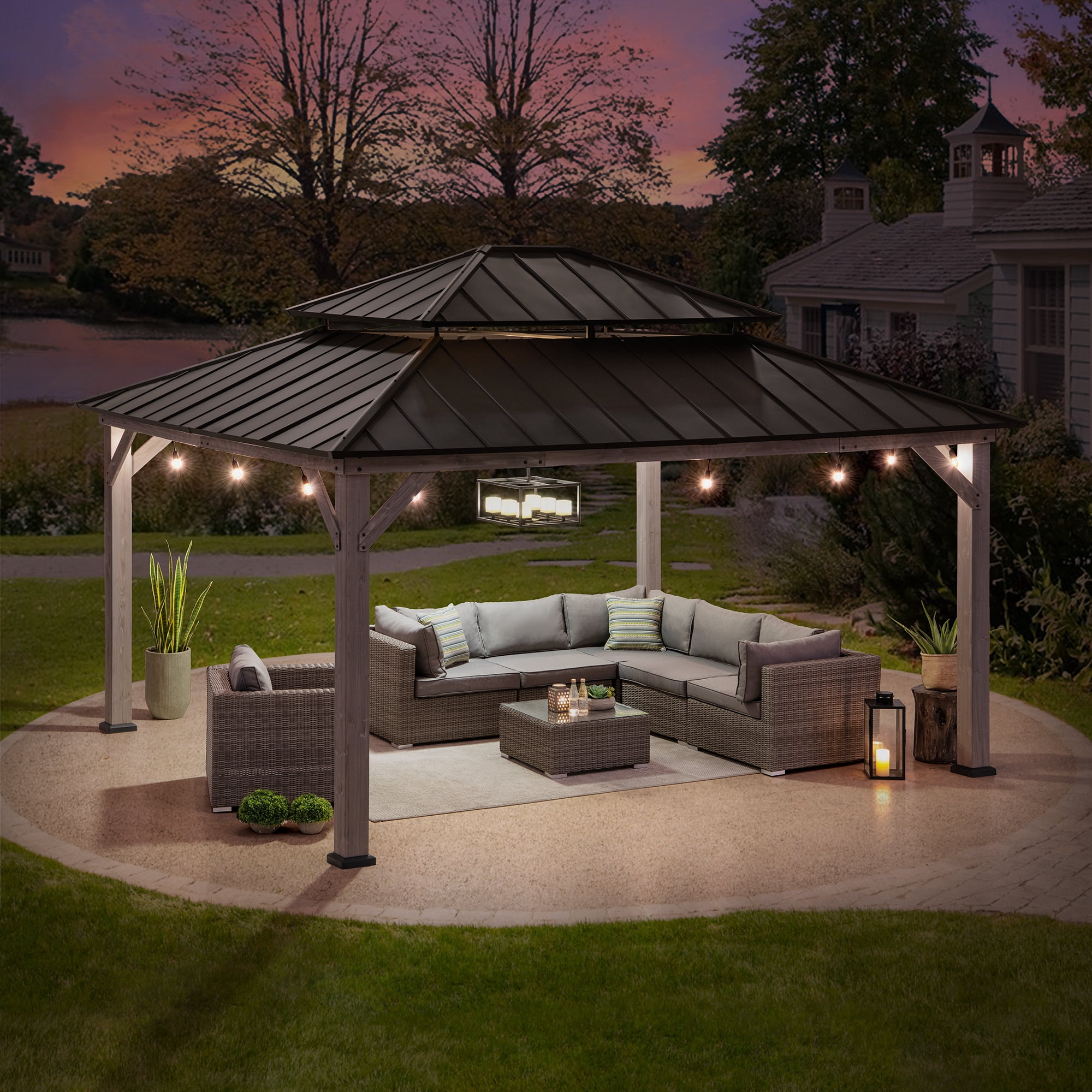 Sunjoy Gazebo à ossature en cèdre de 13 pi x 15 pi avec toit en arêtier à 2 niveaux en acier noir