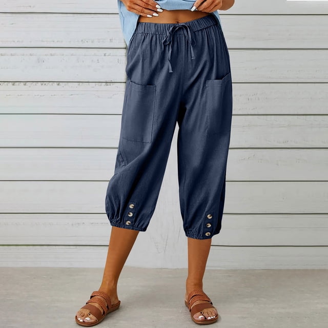 DPTALR Women Summer Casual Loose Bandage Button Pocket Solid Trousers Capris Pants