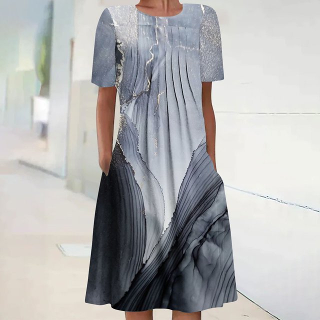 Robe Maxi d'Été pour Femme, Robe d'Été Bohème à Imprimé, Manches Courtes, Robe de Plage, Robe Longueur Genou, Robe à Manches Courtes en Liquidation