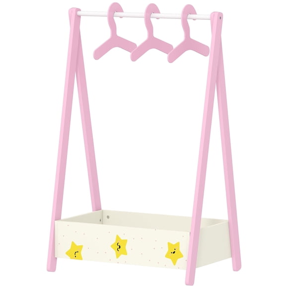 Qaba Pink Clothing Rack with Storage Shelf and Hangers, Pine Wood Dress Up Station for Nursery, Bedroom or Playroom, 24.8"L x 16.1"W x 38.8"H, Organizes Clothes and Toys
