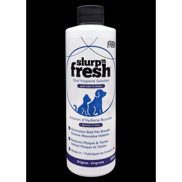 Enviro Fresh Canada Slurp'n Fresh Oral Hygiene Solution bottle with black screw cap and white label featuring blue dog and cat silhouettes, formulated to eliminate bad pet breath, reduce plaque and tartar, and protect oral health by adding to pet water daily, made in Canada.