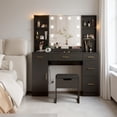 thumbnail image 1 of GloryStar Vanity Desk with Mirror and Lights, Modern Makeup Vanity Table with Chair/Power Outlets/5 Drawers/9 Storage Shelves/3 Lighting Colors, Large Storage Dressing Table Set for Bedroom Corner, 1 of 7