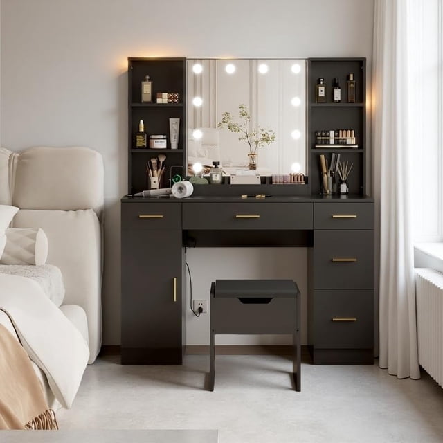GloryStar Vanity Desk with Mirror and Lights, a modern makeup vanity table set designed for bedroom corners. Features a clear mirror with 10 LED bulbs offering three adjustable lighting modes, a matching chair, built-in power outlets, 5 drawers, and 9 storage shelves for organizing cosmetics and accessories. The sleek black design with gold accents combines farmhouse charm and practical functionality, ideal for women and girls seeking a stylish dressing table set.