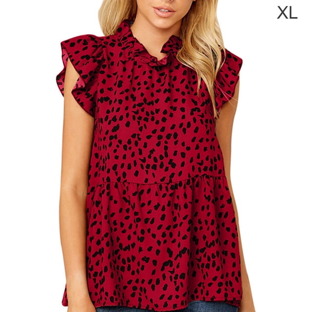 Maoww Chemise Femme Chemisier Sans Manches Imprimé Col en Doll Top, Rouge Vin, XL