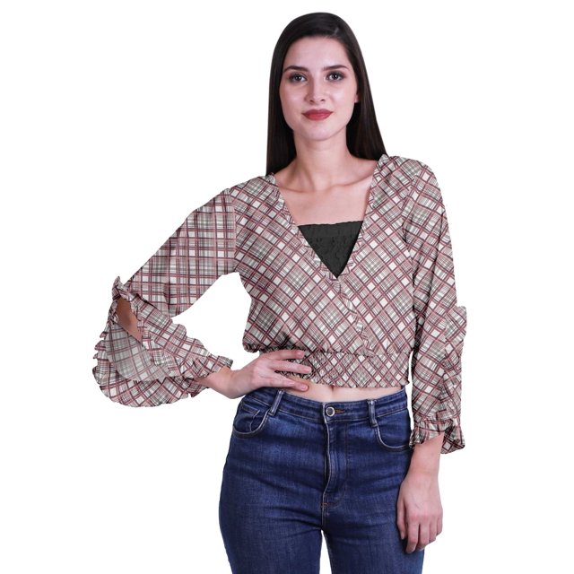 Moomaya Printed Womens Crop Top Wrap Style Top Wear Ruffle Long Sleeve Casual Summer Blouse
