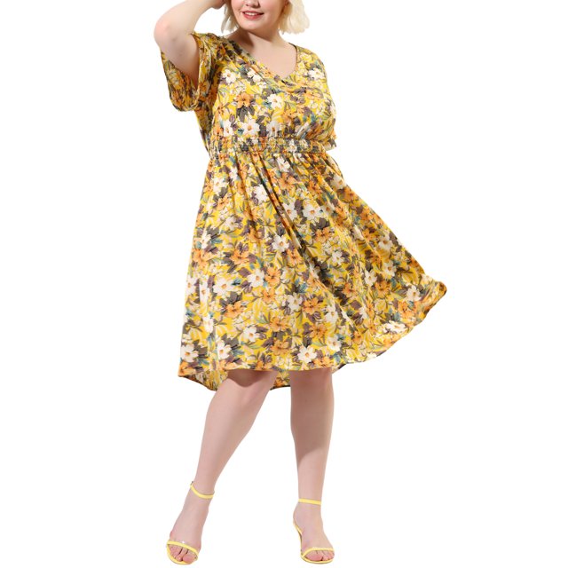 GRACE & GRANDEUR Robe Midi Décontractée pour Femme Grande Taille à Col en V, Imprimé Floral, Manches Évasées, Jaune 3X