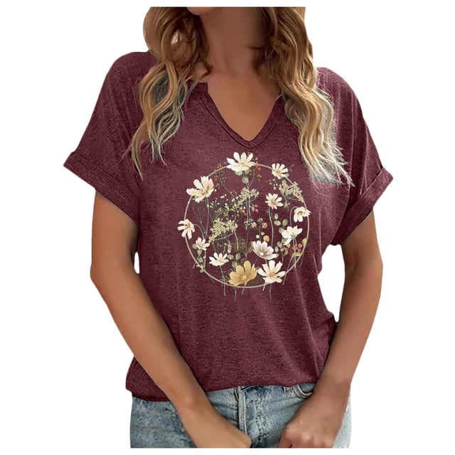 Hauts d'Été pour Femmes Manches Courtes Chemises Imprimées Décontractées Boutonnées Col Rond Blouses de Travail T-Shirts pour Femmes g TG