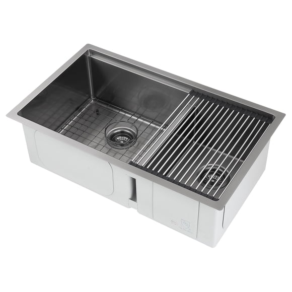 Ancona Évier de Cuisine Encastré 32” 60/40 à Double Bol avec Grille et Tapis Enroulable