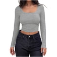 thumbnail image 1 of Timegard Ribbed Tops for Women Scoop Neck Cropped Slim Fitting Blouse Fall Casual Comfy Long Sleeve Tops, 1 of 7