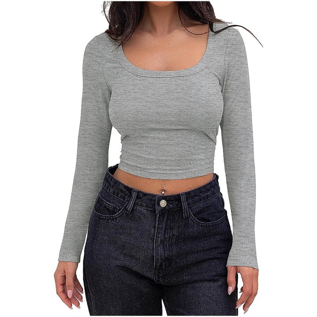 Timegard Ribbed Tops for Women Scoop Neck Cropped Slim Fitting Blouse Fall Casual Comfy Long Sleeve Tops