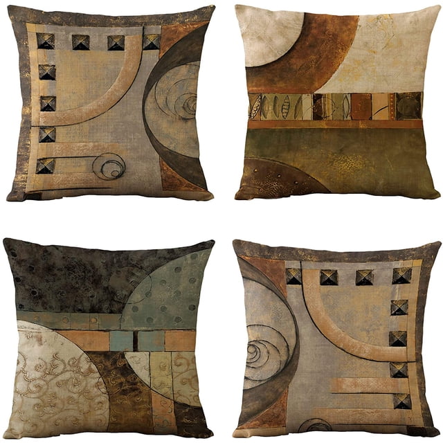 Housses de Coussin 18 x 18 Pouces Housses Décoratives pour Coussins en Tissu de Lin durable avec Perméabilité à l'Air. l'Ensemble Comprend Quatre Housses Présentant des Motifs Géométriques Abstraits dans des Tons Terreux de beige, Brun et Vert. la Face avant Affiche le design, la Face Arrière Est Vierge. Chaque Housse Mesure 18 Pouces Carré (45 x 45 cm) et Comprend une Fermeture Éclair invisible Cachée pour un Style Sans Couture. les Inserts Ne Sont Pas Inclus. Convenant à Rehausser la Déco de la Maison, Ces Housses Complètent des sofas, des Chaises Ou des Lits
