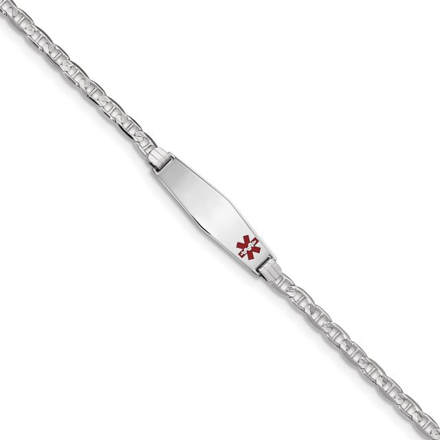 14K White Gold Medical Soft Diamond Shape Red Enamel Anchor Link ID Bracelet