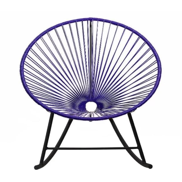 Acapulco chair Outdoor Wire Rocker Patio in Purple Metal Frame - Plata Import, front view of a circular outdoor lounge chair with purple woven wire strings radiating from a central hole, supported by a black metal rocking frame, suitable for patio or balcony seating.