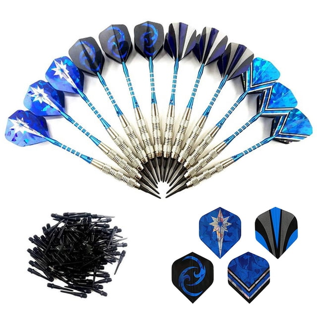Fléchettes Sécuritaires de 18 g avec Pointes Fléchettes Sport d'Intérieur Ensemble de Jeux à Domicile Comprenant 12 Fléchettes Minces de Précision avec Rainures Antidérapantes, 120 Pointes Durables et 4 Vols avec Motifs Uniques pour une Vitesse Améliorée et une Résistance à l'Air Réduite. les Fléchettes Sont en Fer, Mesurent 155 mm de Longueur et Pesent Environ 18 g Chacune. Comprend une pile de Pointes Noires et Quatre designs de Vol Distincts en Bleu et Noir. Convient à une Utilisation Intérieure et Extérieure,