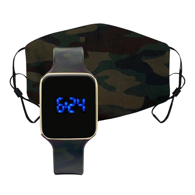 Montre de Température à DEL avec Masque Assorti Comprenant un Écran Tactile Noir avec Affichage de l'Heure Numérique à DEL Bleu, un Bracelet Ajustable en silicone camouflage et un Masque Facial camouflage Assorti avec Boucles d'Oreilles, Incluant la Surveillance de la Température Corporelle et un Affichage Facile à Lire pour une Technologie Portable au Quotidien.
