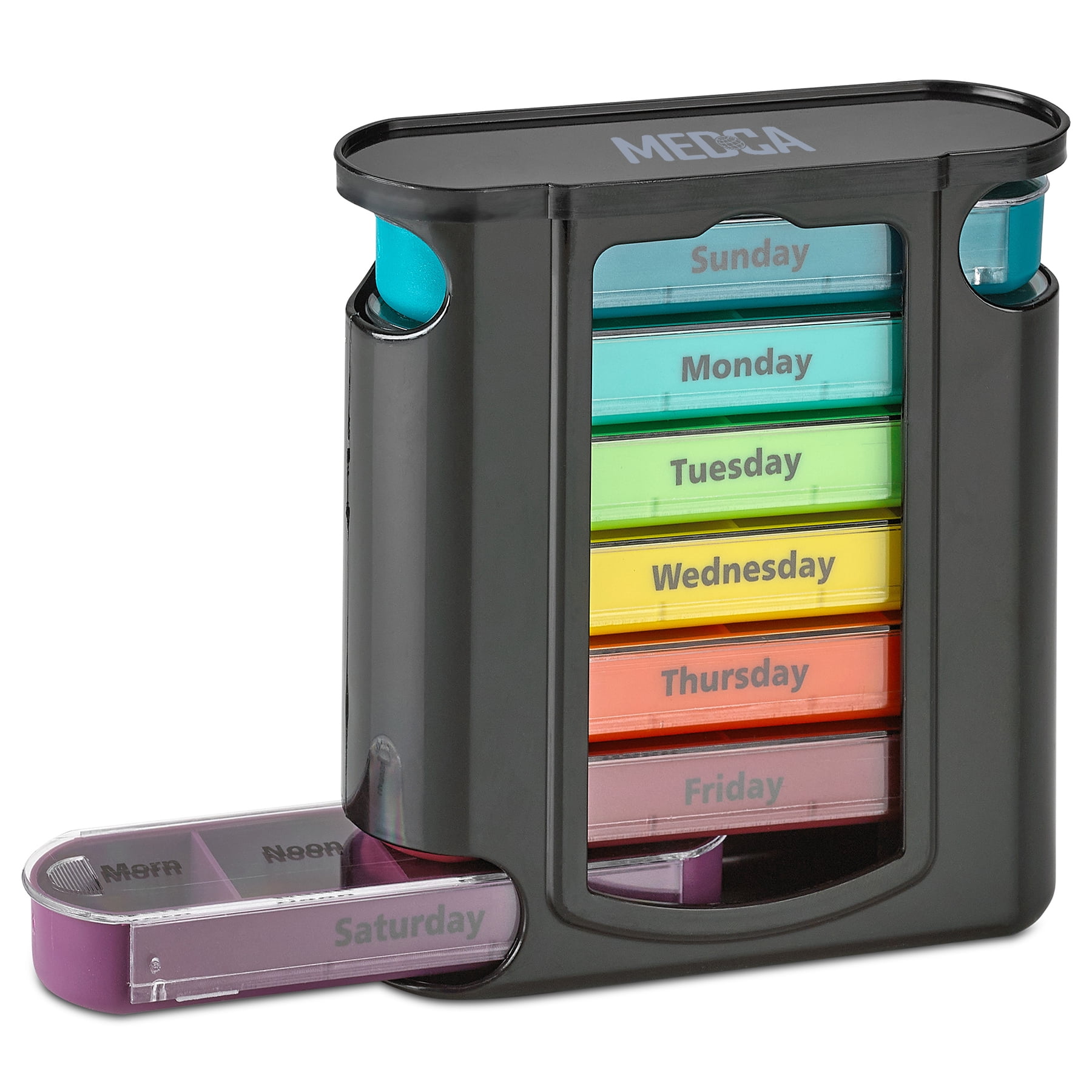 MEDca Weekly Pill Organizer Dispenser, Multicolor/Black, 7 Stackable Compartments, 4 Times-a-Day, by MEDca