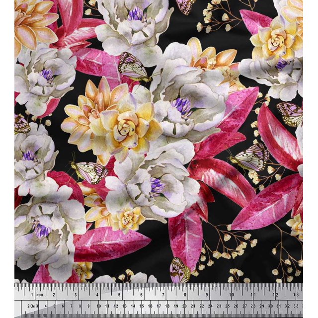 Soimoi Orange Silk Fabric Leaves & Floral Print Sewing Fabric BTY 42 Inch Wide